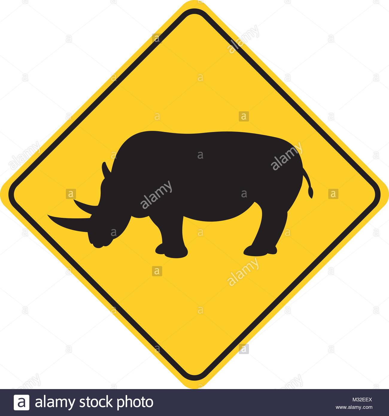 1300x1390 Rhino Silhouette Animal Traffic Sign Yellow Vector Illustration