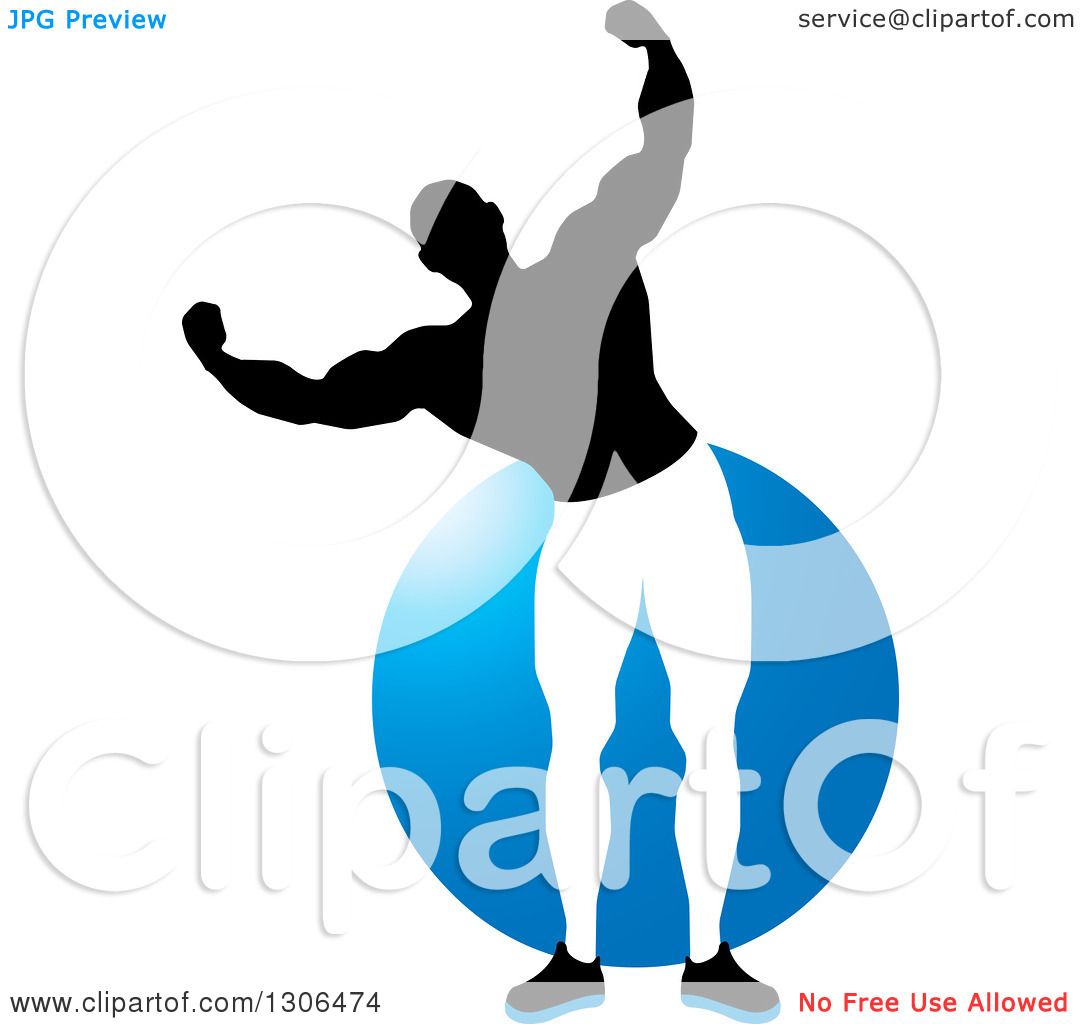 1080x1024 Clipart Of A Flexing Black And White Male Bodybuilder Over A Blue