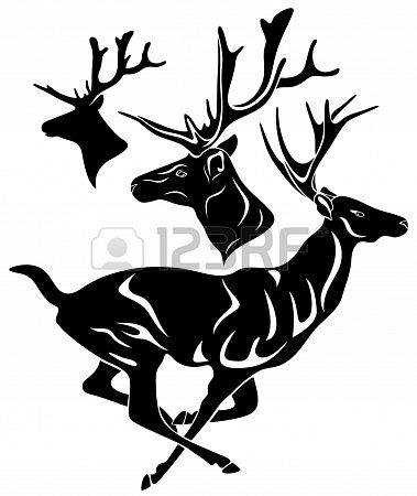 379x450 Running Deer Deer Head Black Vector Outline Over White