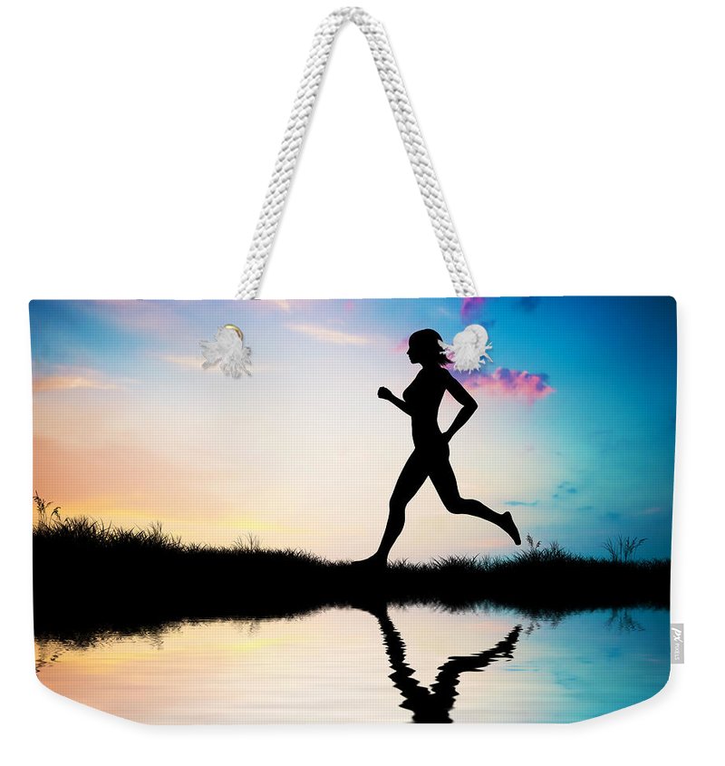 800x845 Silhouette Of Woman Running At Sunset Weekender Tote Bag For Sale