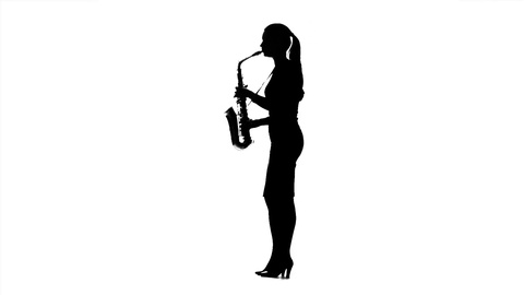 480x270 Woman Musician Playing On Saxophone. Black Silhouette On White