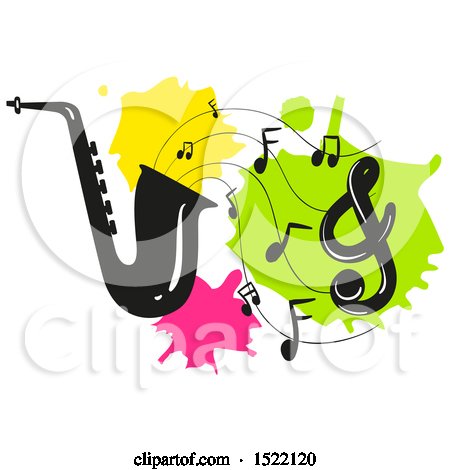 450x470 Clipart Of A Silhouetted Saxophone And Music Notes