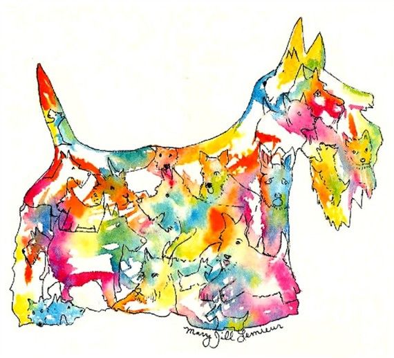 570x517 Scottish Terrier Watercolor Illustration Scottie Dog Silhouette