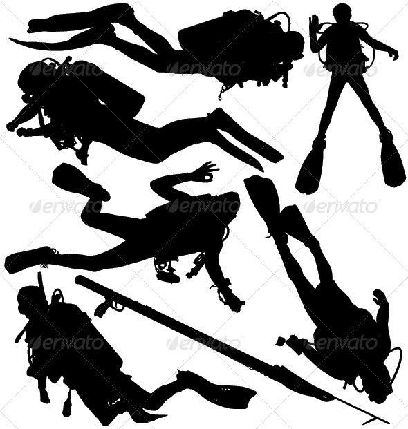 590x621 Scuba Diver And Speargun Vector Silhouettes By Only4denn