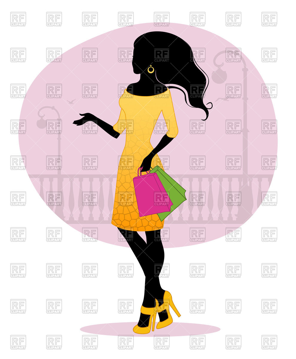 990x1200 Silhouette Of Woman With Shopping Bags Royalty Free Vector Clip