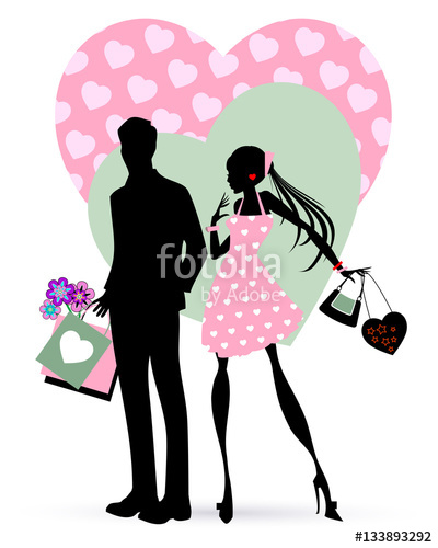 400x500 Valentine Shopping. Couple Silhouette With Shopping Bags Stock