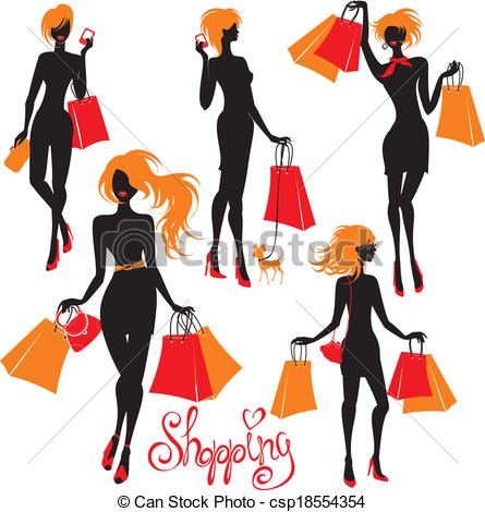445x470 Set Of Shopping Woman Silhouettes Isolated On White Clipart