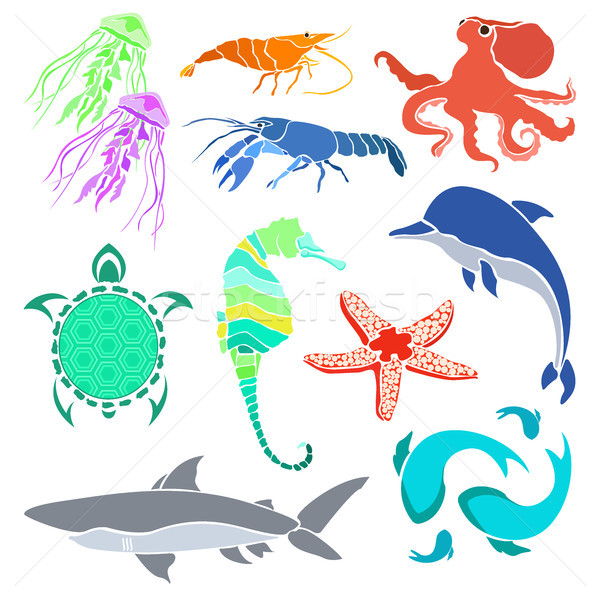 600x600 Silhouettes Of Various Sea Creatures. Shrimp, Cancer, Jellyfish