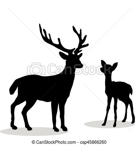 450x470 Black Silhouette Deer And Fawn White Background. Vector Clip