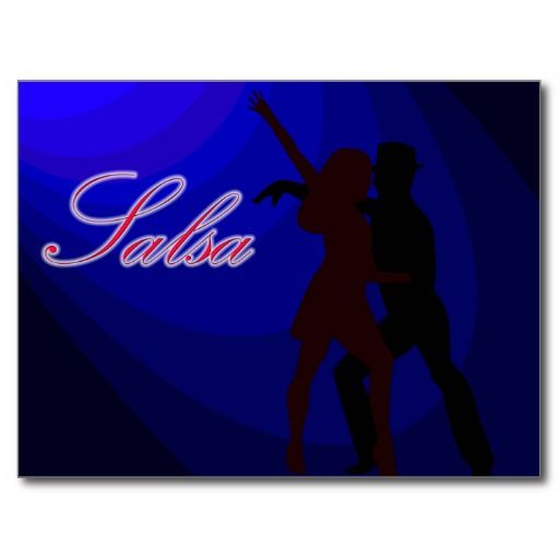 512x512 Silhouettes Of Salsa Dancers With Blue Background Post Cards