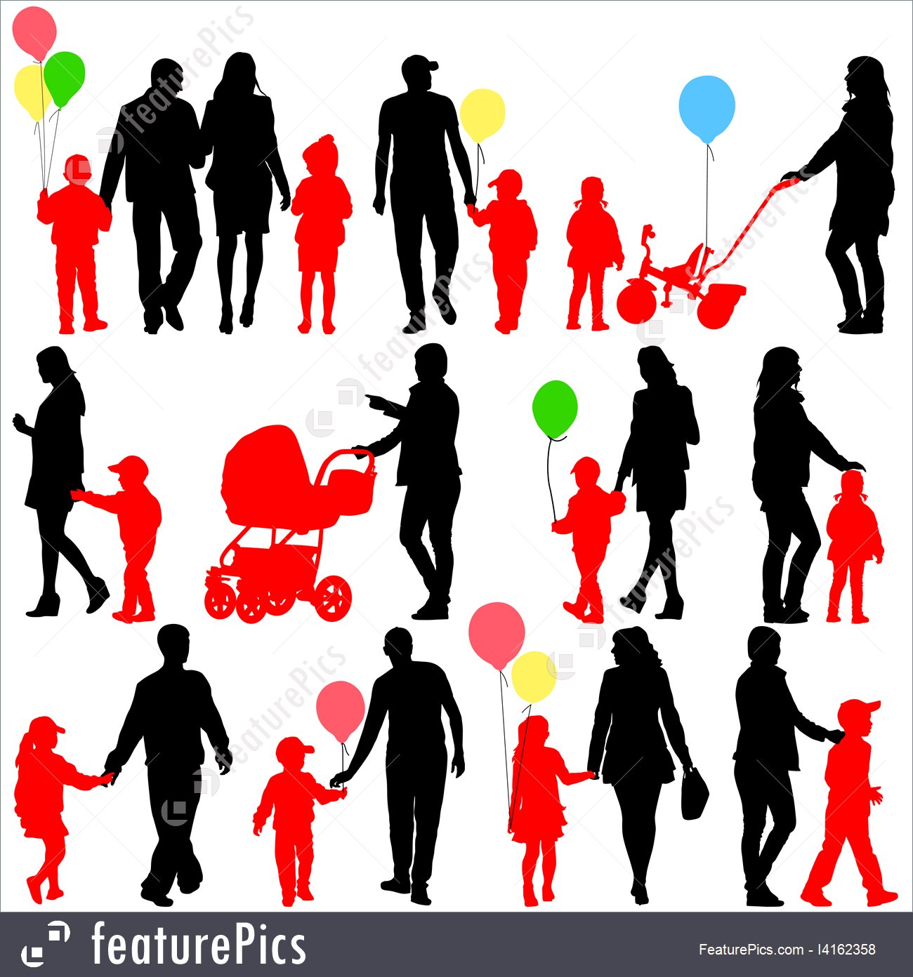 1300x1392 Black Set Of Silhouettes Of Parents And Children With Balloons