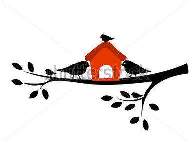 379x284 Birds And Birdhouses, Silhouette Birds On The Branch Stock Vector