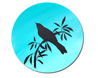 340x270 Round Painting Dove Silhouette Bird Art Yellow Green