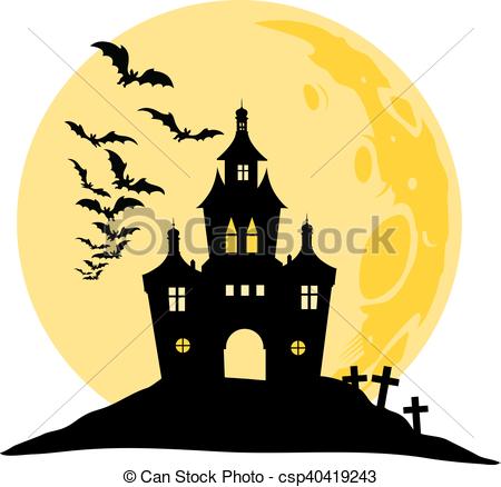 450x438 Halloween View Of Castle, Moon, Bats And Hill. Silhouette Eps