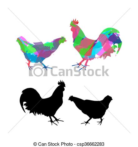 442x470 Silhouette Of Rooster And Hen On White Background Vector