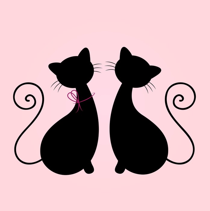 697x700 Cute Cats Couple Sitting Together, Silhouette Isolated On Pink