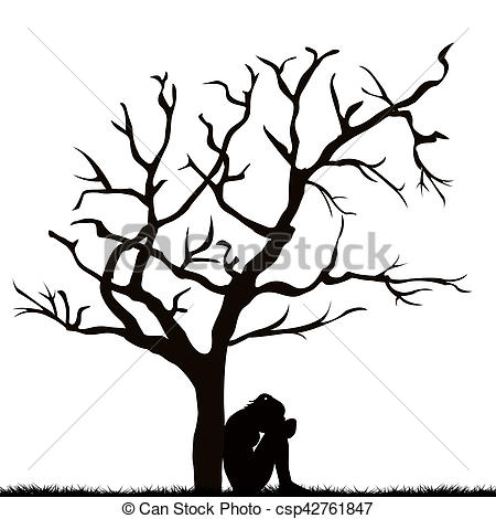450x470 Silhouette Of A Sad Woman Under A Leafless Tree. Silhouette