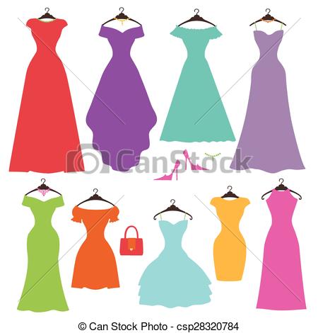 450x470 Silhouette Colorful Women's Dress Set.flat Design . Vector