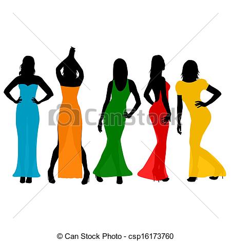 450x470 Women Wearing Colorful Long Dresses Clip Art Vector