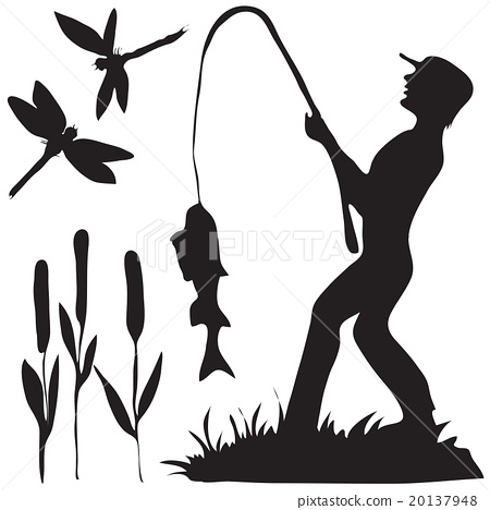 450x468 Hand Drawn Black And White Silhouette A Fisherman