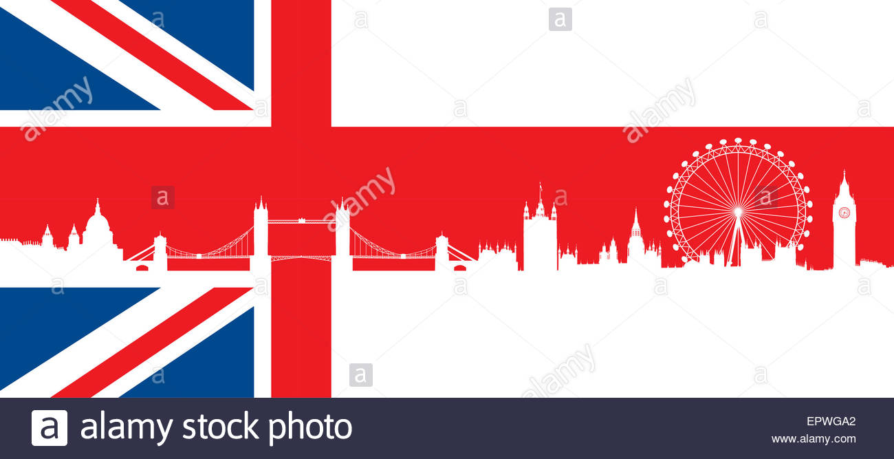 1300x667 British Flag With Very Detailed Silhouette London Skyline Stock