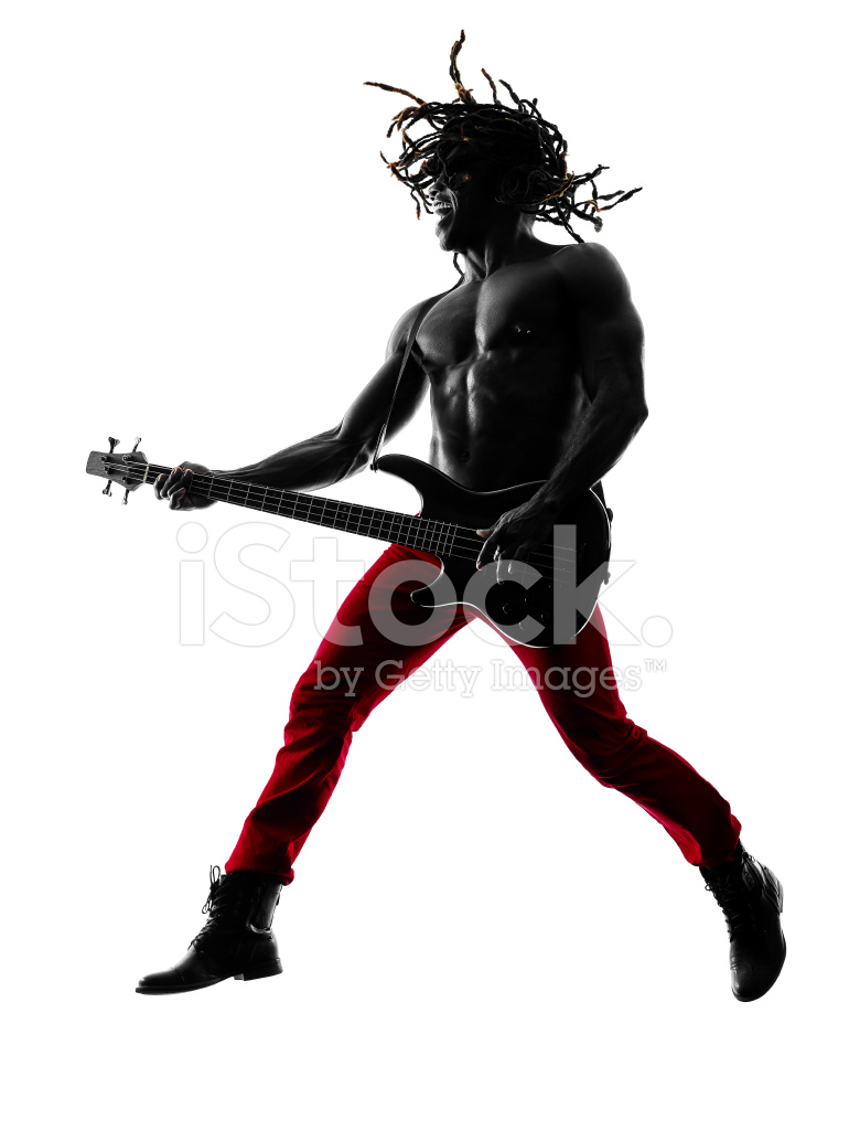 770x1024 African Man Guitarist Bassist Player Playing Silhouette Stock