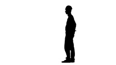 240x135 Worker In A Helmet Hammers A Nail With A Hammer. Silhouette. White