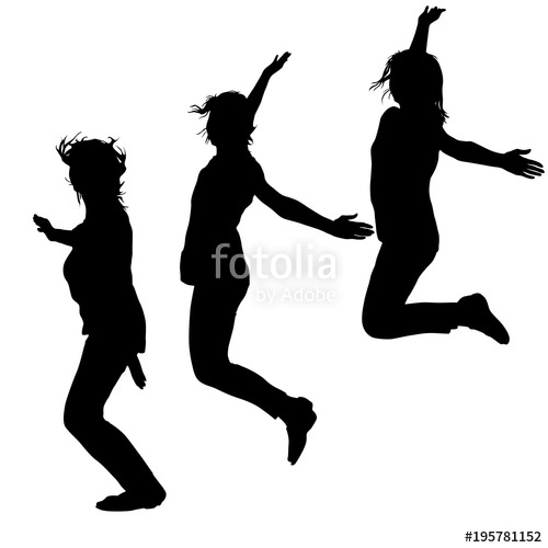 500x500 Silhouette Of Three Young Girls Jumping With Hands Up, Motion