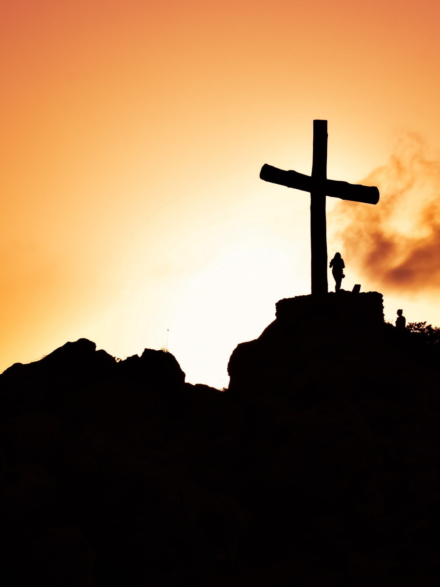 1536x2048 Wallpaper Cross, Sunset, Silhouette, Hill, Christianity, Jesus