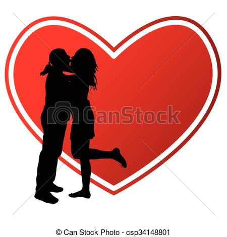 450x470 Couple Kissing With Heart Illustration Silhouette. Couple