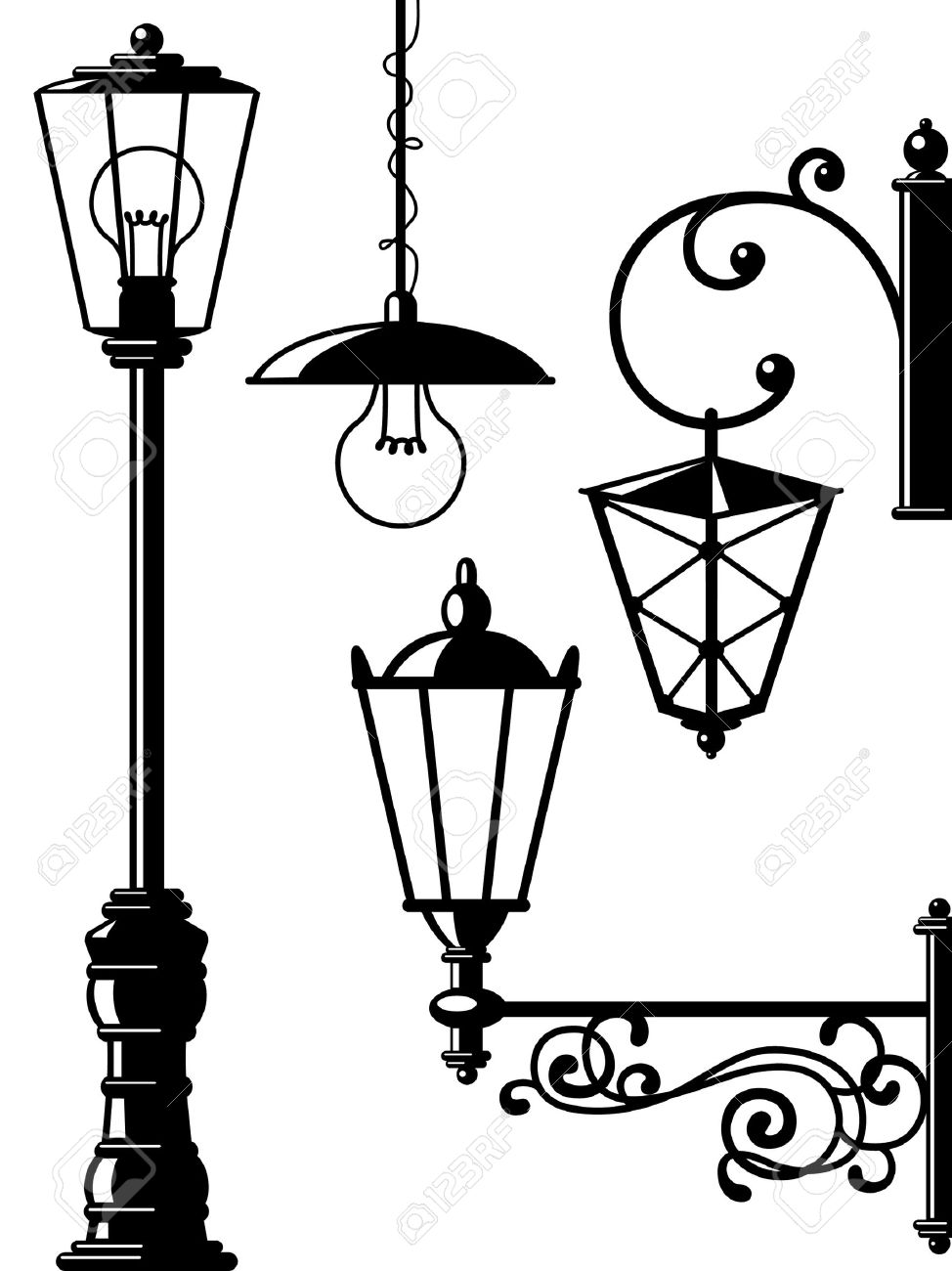 974x1300 Silhouettes Of Retro Lanterns (Street Lamps) Royalty Free Cliparts