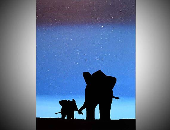 570x434 Elephant Animal Original Painting Mother Baby African Blue Gifts