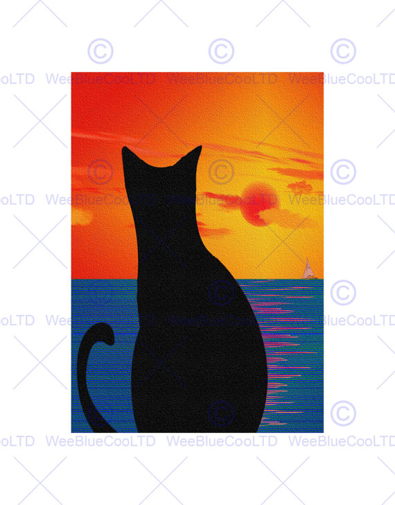 570x728 Painting Cat Landscape Silhouette Sunset Sea Boat Print Poster
