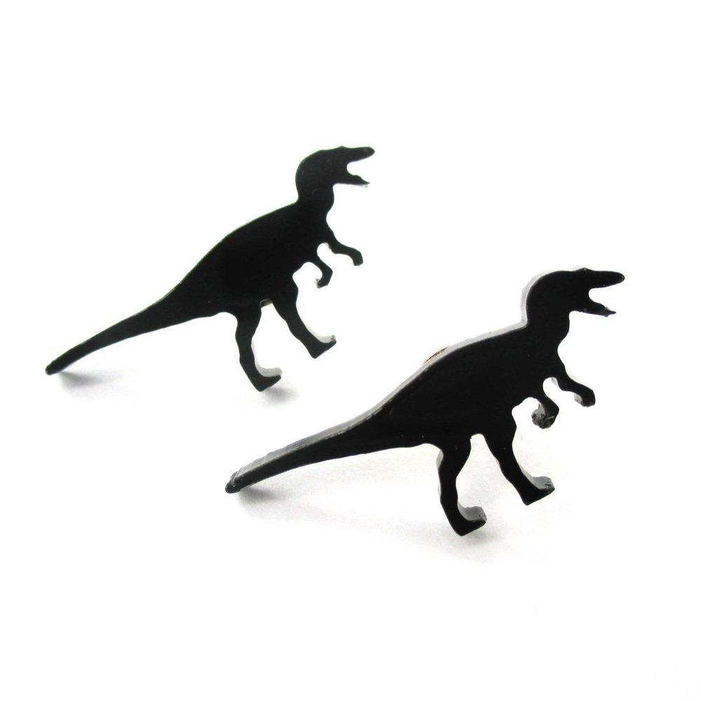 1000x1000 T Rex Silhouette Dinosaur Shaped Laser Cut Stud Earrings In Black