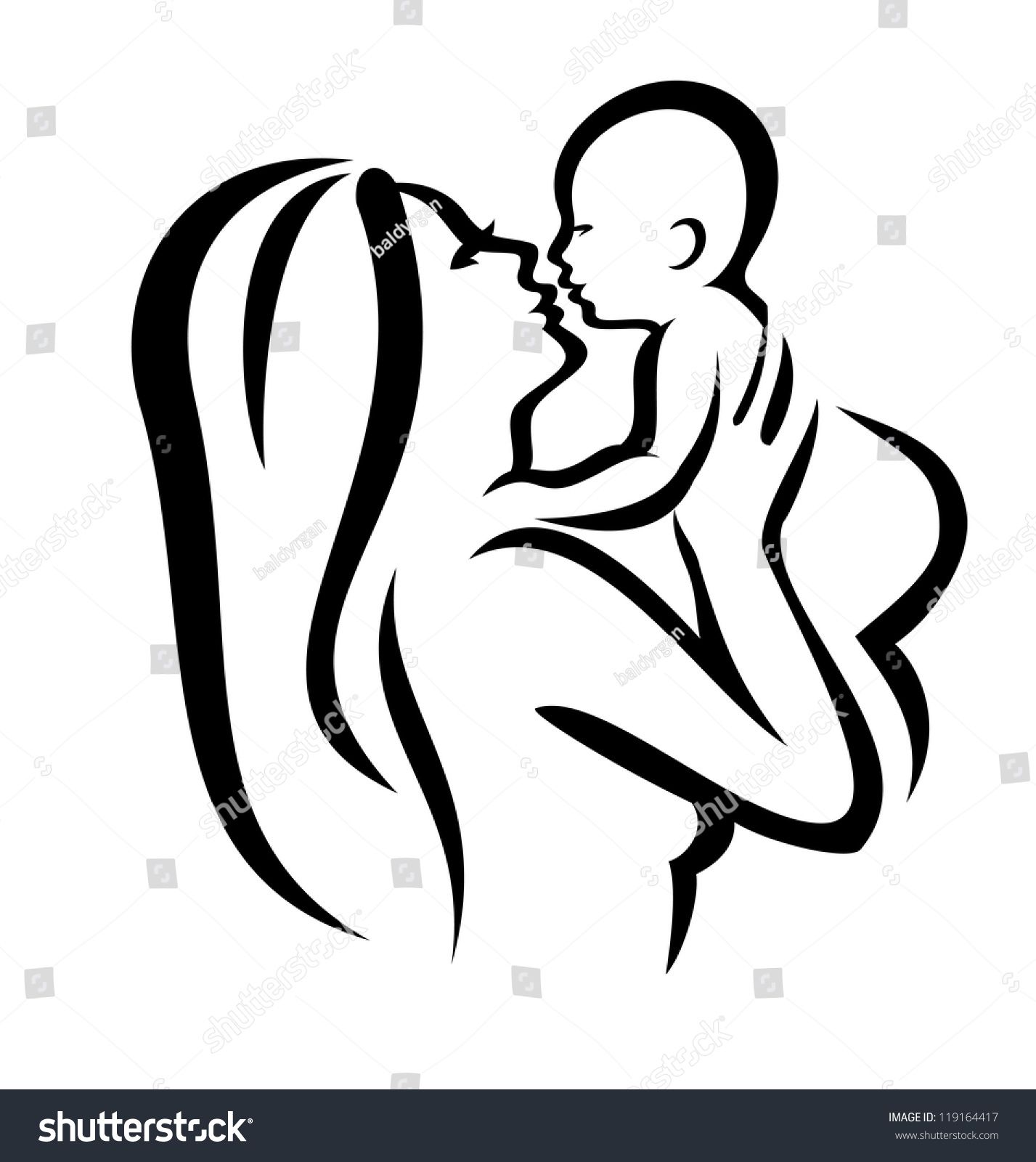 1427x1600 Mother And Baby Vector Silhouette, Sketch In Black Lines Tattoo