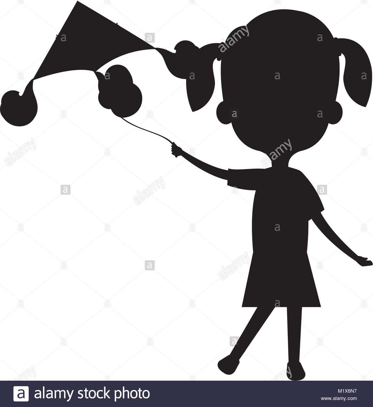 1275x1390 Cute And Little Girl Flying A Kite Silhouette Stock Vector Art