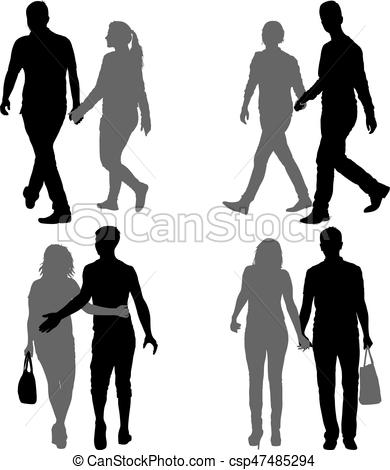 390x470 Set Silhouette Man And Woman Walking Hand In Hand. Eps Vectors