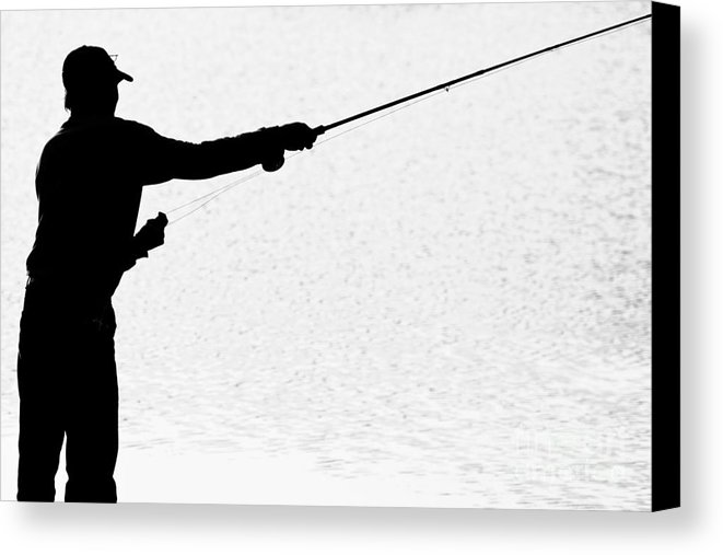 661x507 Silhouette Of A Fisherman Holding A Fishing Pole Bw Canvas Print