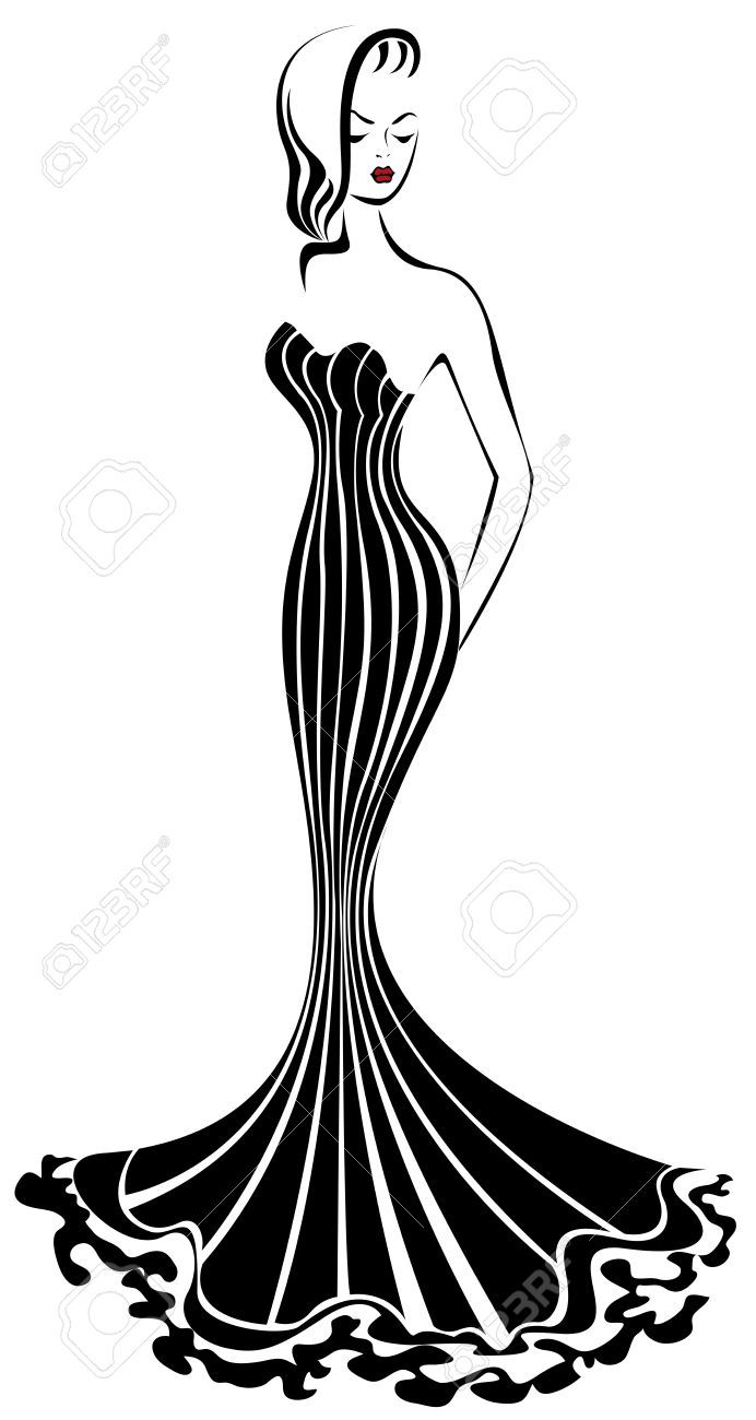 692x1300 Silhouette Of Elegant Woman In A Long Black Dress Stock Vector