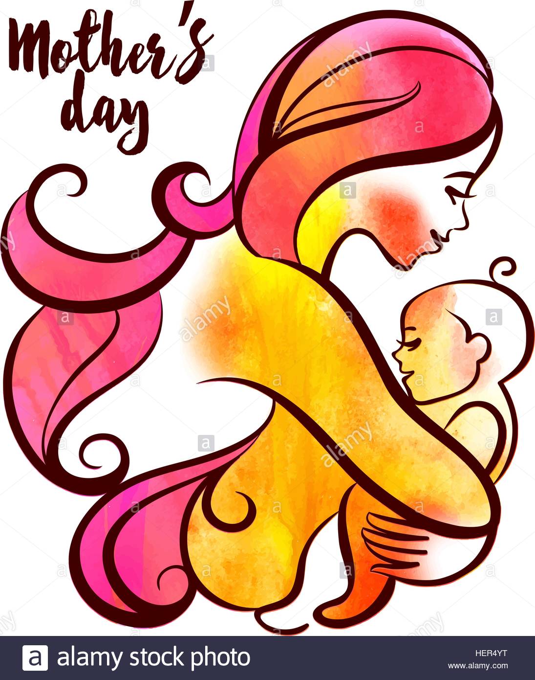 1095x1390 Watercolor Beautiful Mother Silhouette With Baby. Liner Vector