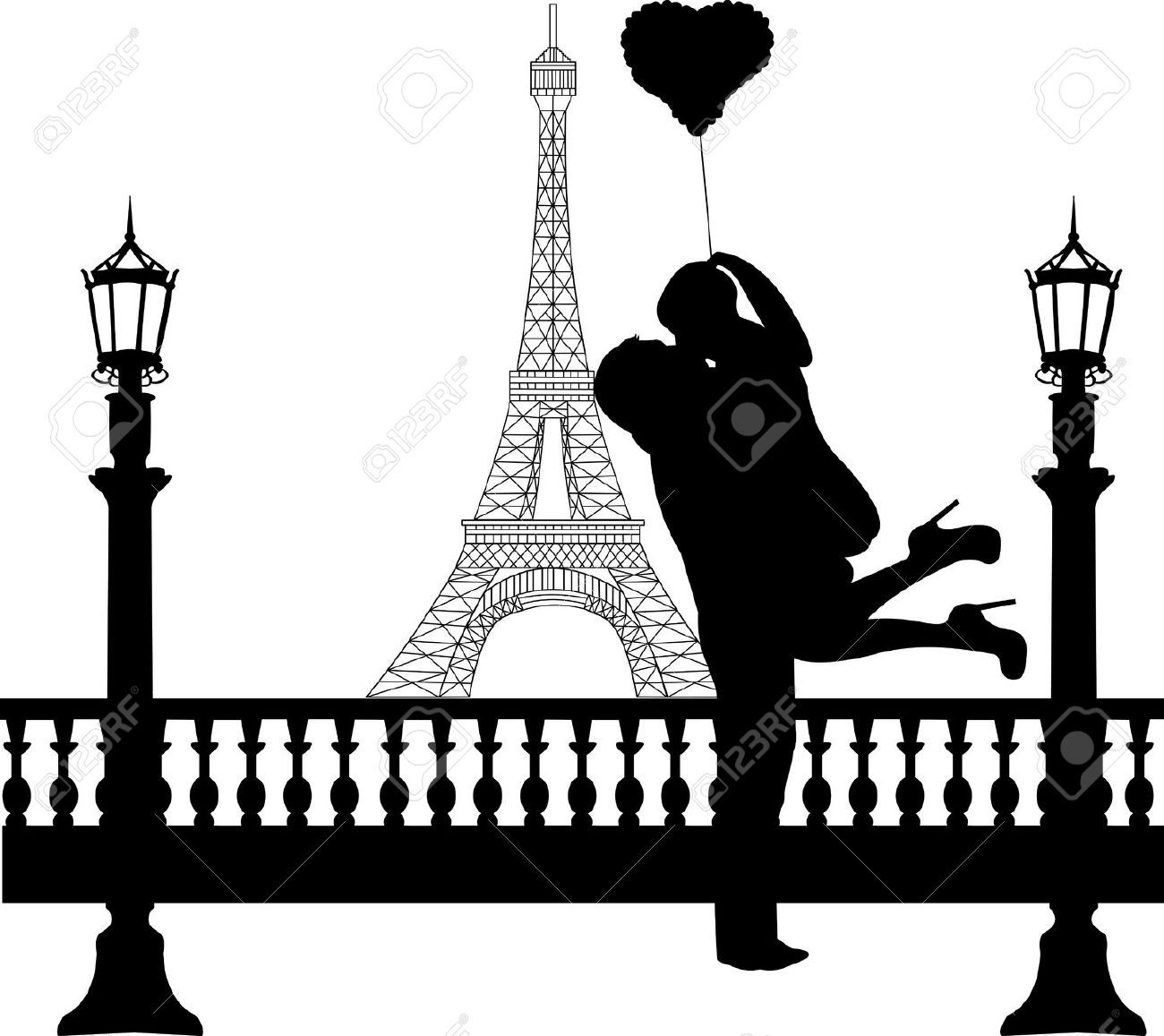 1300x1157 Paris Love Silhouette Heart Balloons, Silhouette