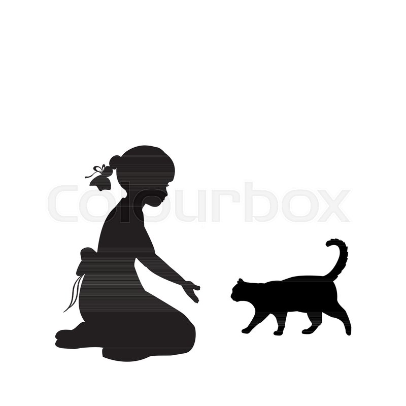 800x800 Silhouette Girl Sitting Knees Beckon Cat. Vector Illustration