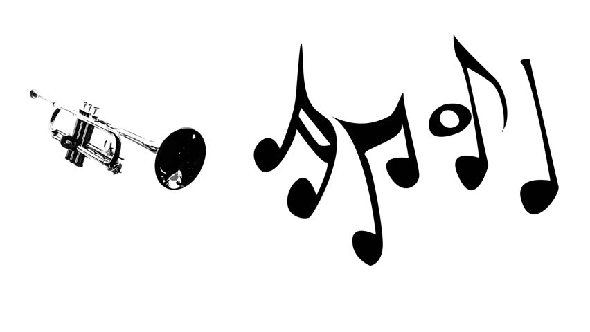 852x480 Trumpet And Dancing Music Notes Silhouette On White Background