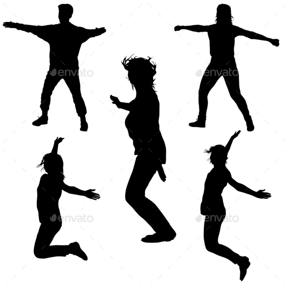 590x590 Silhouette Of Young People Jumping With Hands Up, Motion Stock