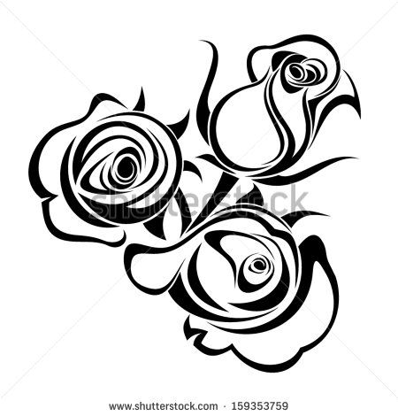 450x470 Rose Buds. Vector Black Silhouette. Stencil Art