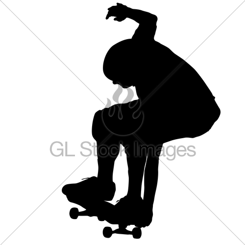 500x500 Black Silhouette Of An Athlete Skateboarder In A Jump Gl Stock