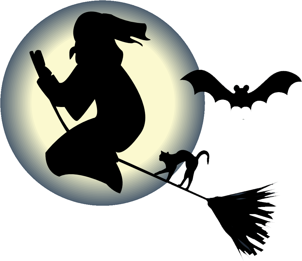 1012x873 Witch Flying On A Broom With A Cat And Bat In Front Of The Moon Png