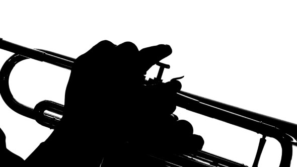 590x332 Silhouette Hands Of Men Play On The Buttons Trumpet. Close By