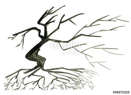 500x364 Abstract Silhouette Of A Tree With Branches And Roots. Watercolor