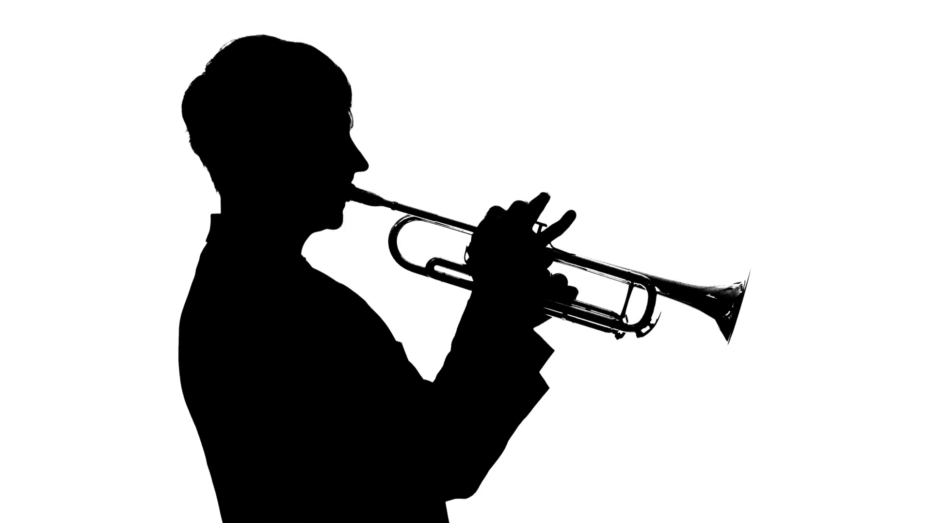 1920x1080 Silhouette. Musician Slowly Playing Trumpet In A Studio Stock
